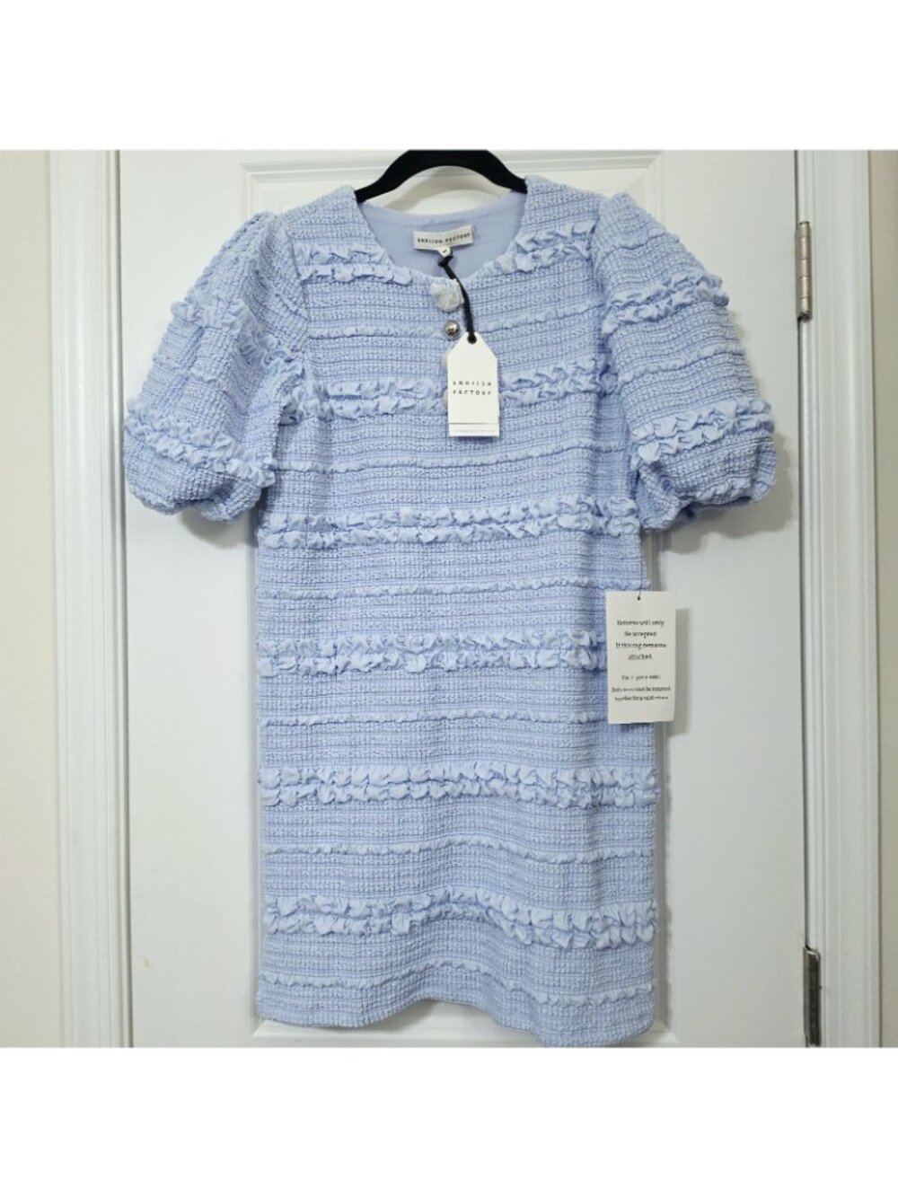 English Factory XS Blue Tweed Textured Mini Shift Dress Puff Sleeve Button $130 - Picture 7 of 8